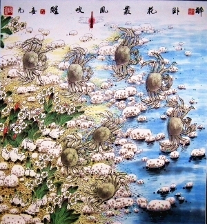 zeitgenössische kunst von Yang Xiyuan - Spielende Wollhandkrabben in der Blumenwiese am See
