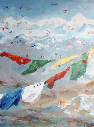 Zeitgenössische Ölmalerei - Prayer Flags on the Himalayas