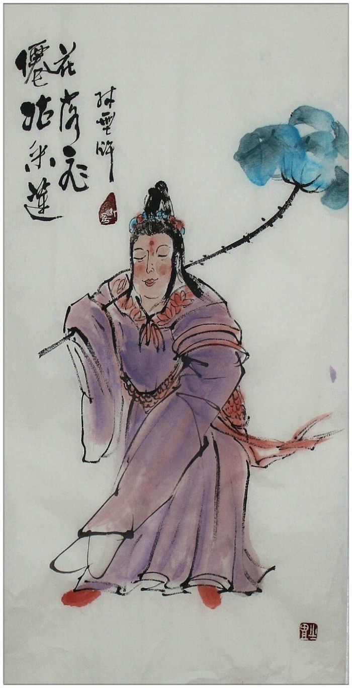 Lin Xinghu Chinesische Kunst - Die Lotosblumen pflückende He Xiangu (eine der Acht Unsterblichen)
