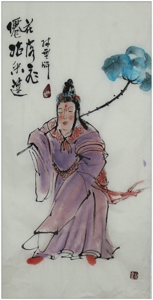 Zeitgenössische chinesische Kunst - Die Lotosblumen pflückende He Xiangu (eine der Acht Unsterblichen)