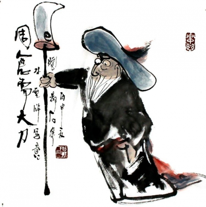 Lin Xinghu Chinesische Kunst - Der mit Schwert bewaffente Zhou Cang im Kampf mit Guang Yu