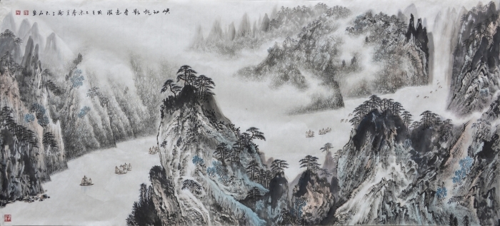 Liu Yuzhu Chinesische Kunst - Die von felsigen Bergen umgegebenen auf dem Fluss fahrenden Boote