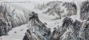 zeitgenössische kunst von Liu Yuzhu - Die von felsigen Bergen umgegebenen auf dem Fluss fahrenden Boote
