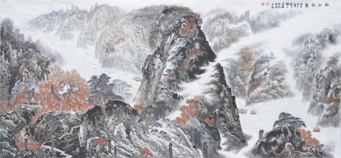 Liu Yuzhu Chinesische Kunst - Die auf dem Fluss fahrenden Boote im Herbst