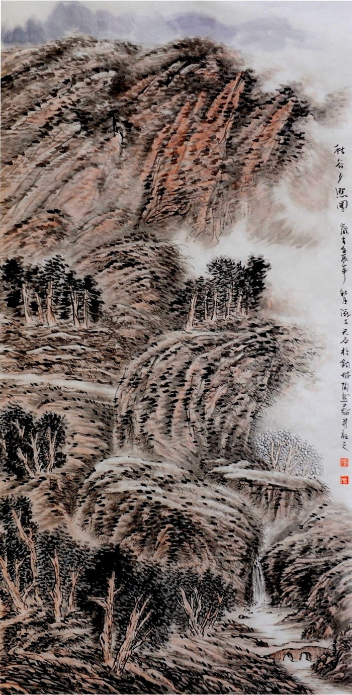 Liu Yuzhu Chinesische Kunst - Die im Dämmerlicht liegenden felsigen Berge im Herbst