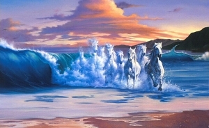Zeitgenössische Ölmalerei - Pferde aus der Welle