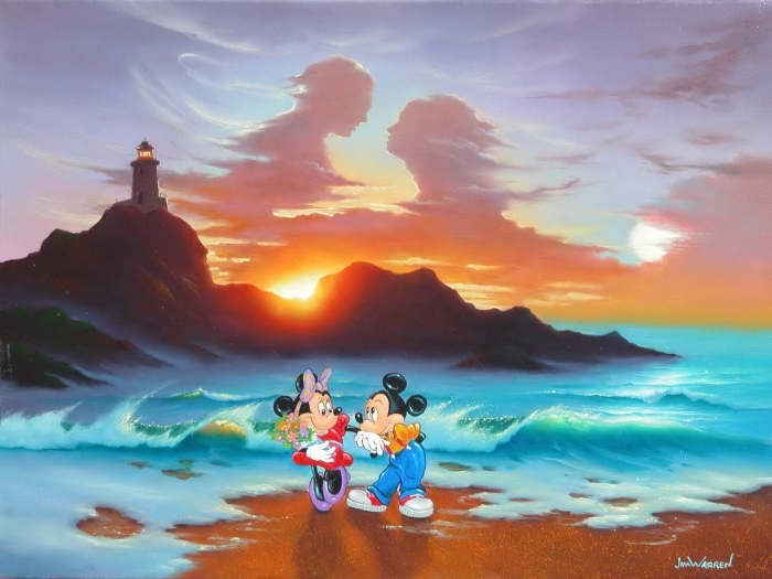 Jim Warren Ölgemälde - Disney Mickey und Minnie Romantischer Tag