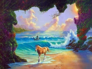 Zeitgenössische Ölmalerei - Pferd an den Wellen
