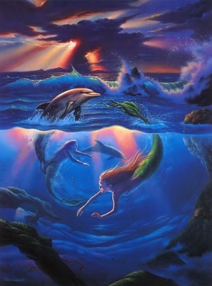 Zeitgenössische Ölmalerei - Meerjungfrauen und Delfine
