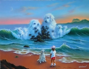 Zeitgenössische Ölmalerei - Hunde im Meer