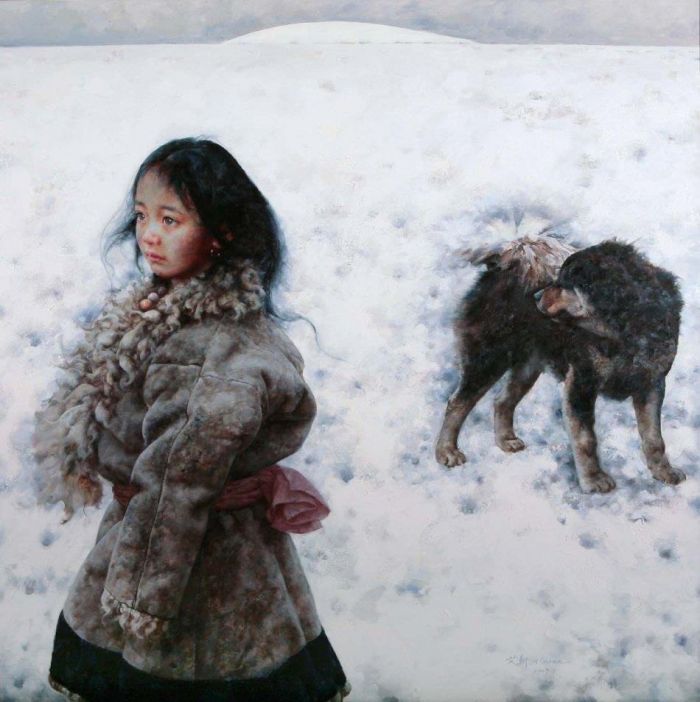 Ai Xuan Ölgemälde - Mädchen und Hund
