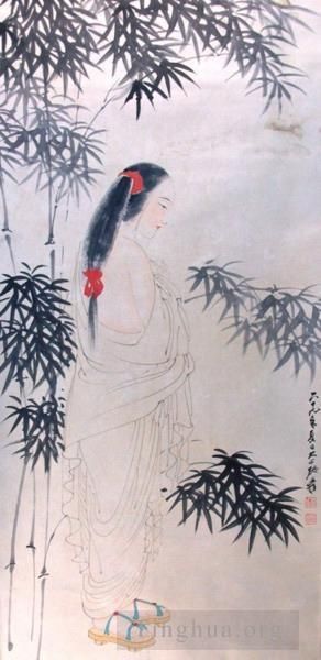 Zhang Daqian Chinesische Kunst - Schönheit mit rotem Haar, Kopftuch, Holzschuhen, weißem Gewand aus Bambus, 1980