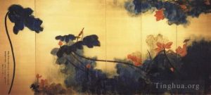 zeitgenössische kunst von Zhang Daqian - Purpurrote Lotusblumen auf goldenem Schirm