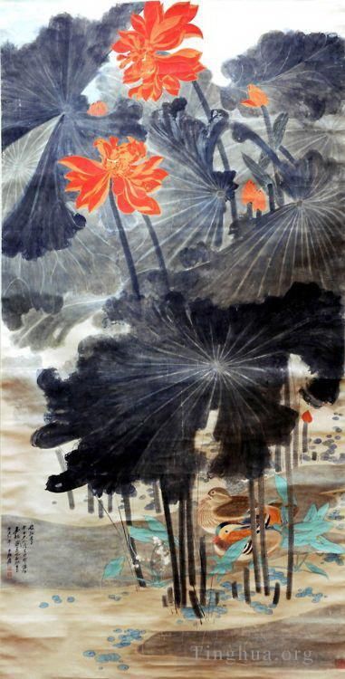 Zhang Daqian Chinesische Kunst - Lotus- und Mandarinenenten 1947