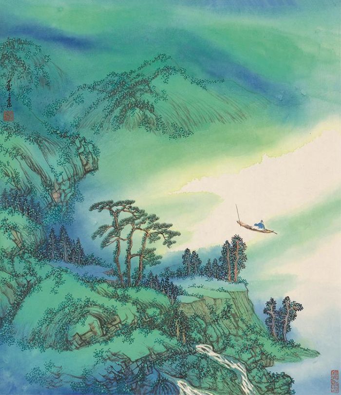Chen Qiang Chinesische Kunst - Warten auf das Boot in einem Berggebiet im Frühling