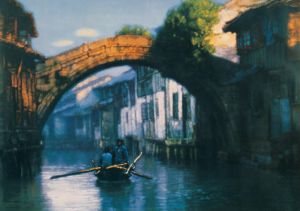 Zeitgenössische Ölmalerei - Bridge River Village