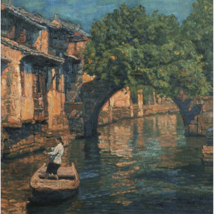 Chen Yifei Ölgemälde - Brücke im Baumschatten