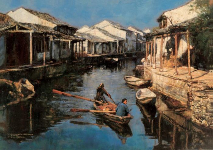 Chen Yifei Ölgemälde - Tauchen Sie die Ruder der Heimatstadt ein