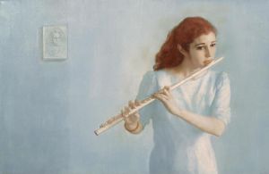 Zeitgenössische Ölmalerei - Weibliche Flötistin