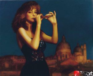Zeitgenössische Ölmalerei - Flötende Dame