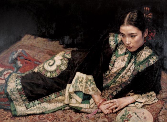 Chen Yifei Ölgemälde - Dame auf Teppich