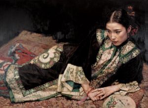 Zeitgenössische Ölmalerei - Dame auf Teppich