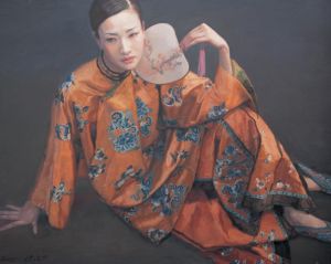 Zeitgenössische Ölmalerei - Dame mit Fächer