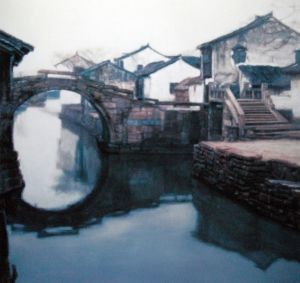 Zeitgenössische Ölmalerei - Landschaft von Jiangnan Watertown