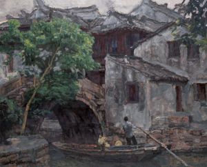 Zeitgenössische Ölmalerei - Südchinesische Flussstadt 2002