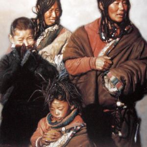 Zeitgenössische Ölmalerei - Tibetische Familie (2)