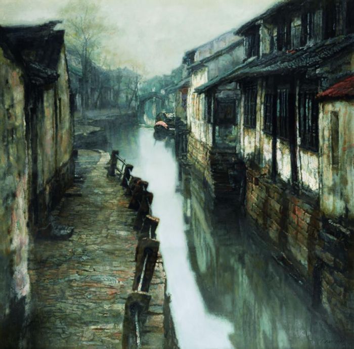 Chen Yifei Ölgemälde - Wasserstraße in der Altstadt