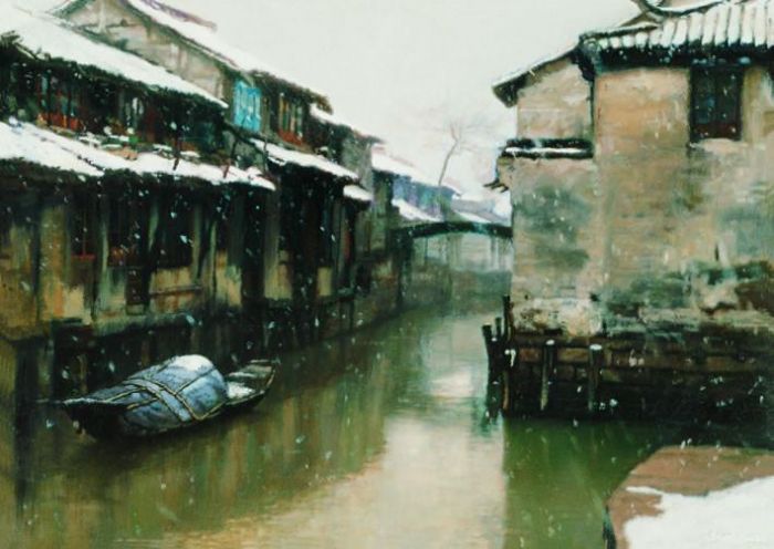 Chen Yifei Ölgemälde - Wasserstädte, an denen es schneit