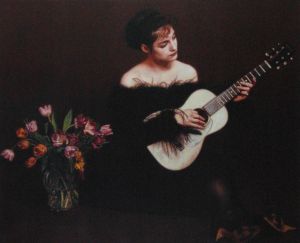 Zeitgenössische Ölmalerei - Frau spielt Gitarre