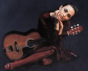 Zeitgenössische Ölmalerei - Frau mit Gitarre