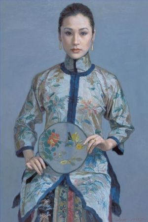 Zeitgenössische Ölmalerei - Frau mit Fächer