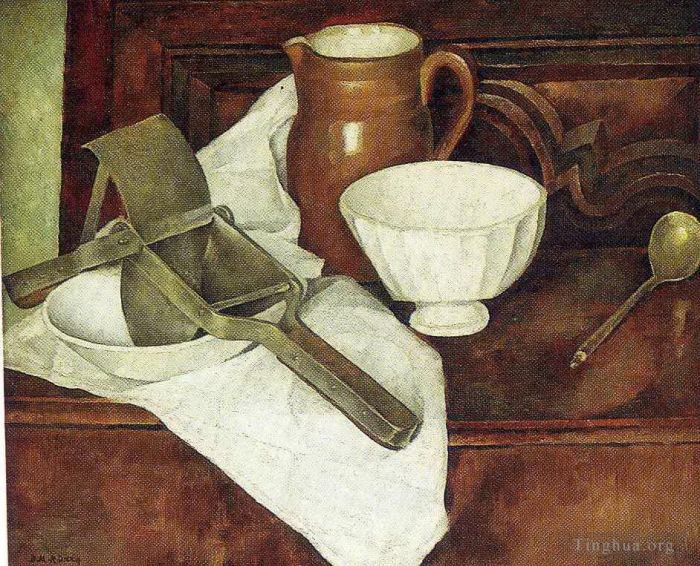 Diego Rivera Ölgemälde - Stillleben mit Reispresse, auch bekannt als Stillleben mit Knoblauchpresse