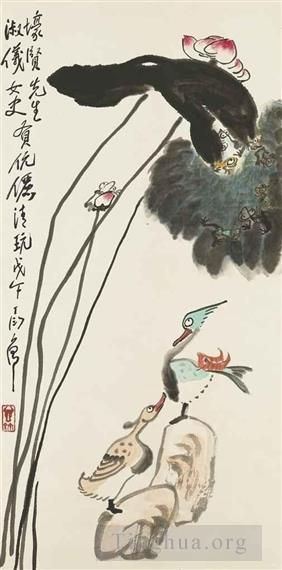 Ding Yanyong Chinesische Kunst - Lotusfrösche und Mandarinenenten 1978