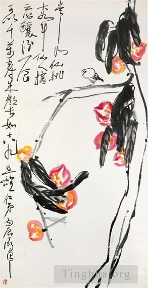 Ding Yanyong Chinesische Kunst - Neun Pfirsiche und ein Vogel