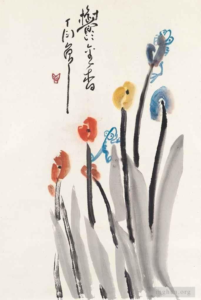 Ding Yanyong Chinesische Kunst - Kaulquappen auf Tulpen