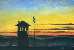 Zeitgenössische Ölmalerei - Eisenbahn-Sonnenuntergang