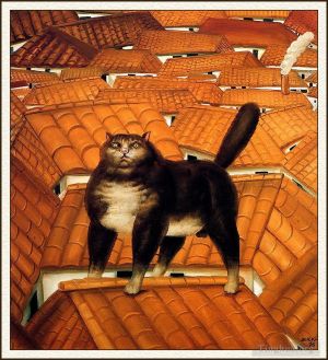 Zeitgenössische Ölmalerei - Katze auf einem Dach