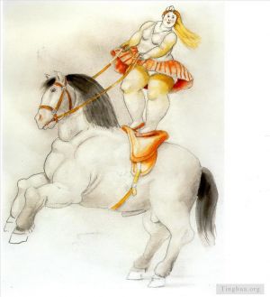 Zeitgenössische Ölmalerei - Zirkusfrau auf einem Pferd