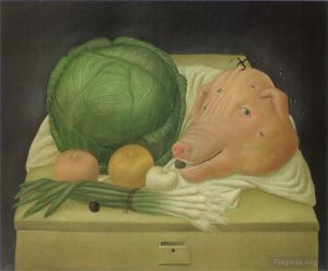 zeitgenössische kunst von Fernando Botero Angulo - Stillleben mit dem Schweinekopf