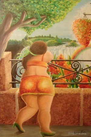 zeitgenössische kunst von Fernando Botero Angulo - Frau am Geländer