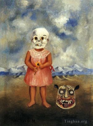 Zeitgenössische Ölmalerei - Mädchen mit Totenmaske, sie spielt alleine