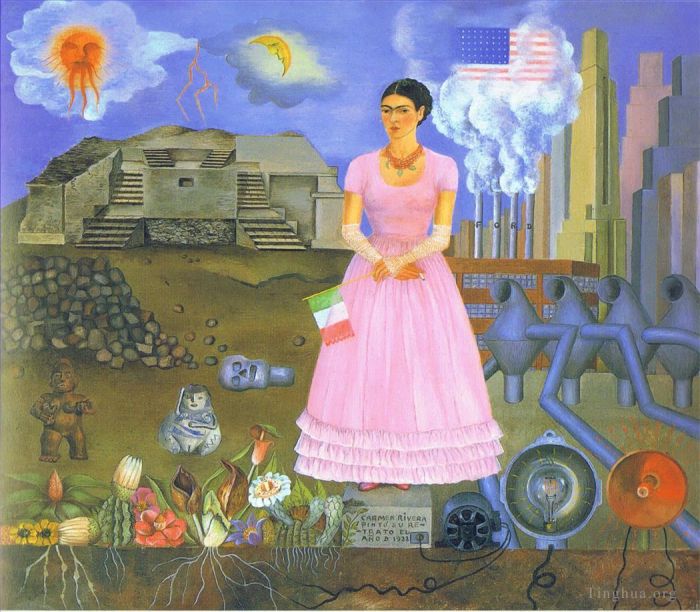 Frida Kahlo Ölgemälde - Selbstporträt entlang der Grenze zwischen Mexiko und den Vereinigten Staaten