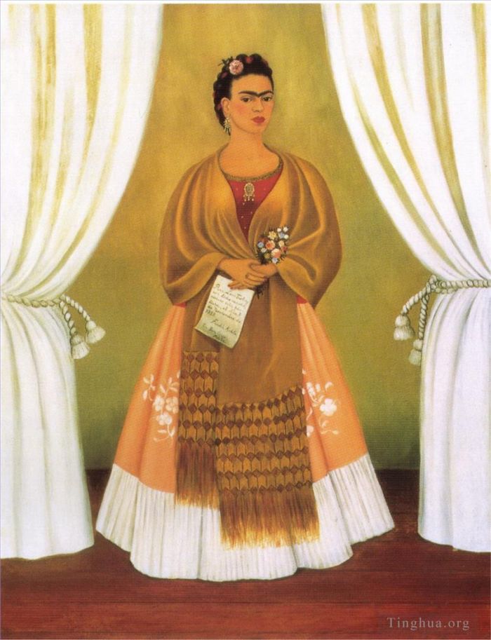 Frida Kahlo Ölgemälde - Selbstporträt gewidmet dem Titel „Leon Trotzki zwischen den Vorhängen“.
