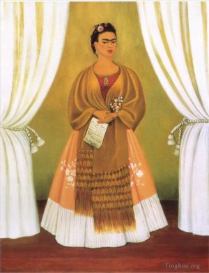 zeitgenössische kunst von Frida Kahlo - Selbstporträt gewidmet dem Titel „Leon Trotzki zwischen den Vorhängen“.