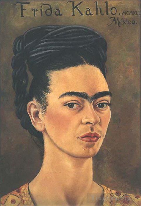 Frida Kahlo Ölgemälde - Selbstporträt im rot-goldenen Kleid