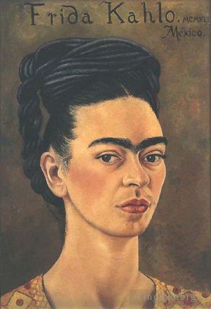 zeitgenössische kunst von Frida Kahlo - Selbstporträt im rot-goldenen Kleid
